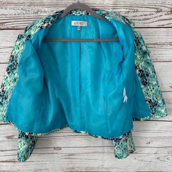 Kasper Women's Blue Green Print Open Front Blazer Jacket Size 6 - Picture 9 of 12